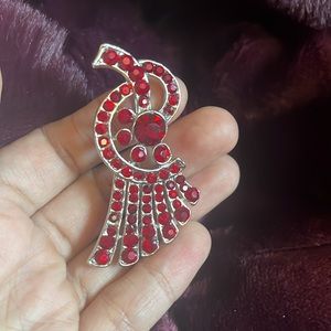 Vintage Ruby Rhinestone Jewelry Set Pin Clip On Earrings MCM Art Deco Brooch Mod